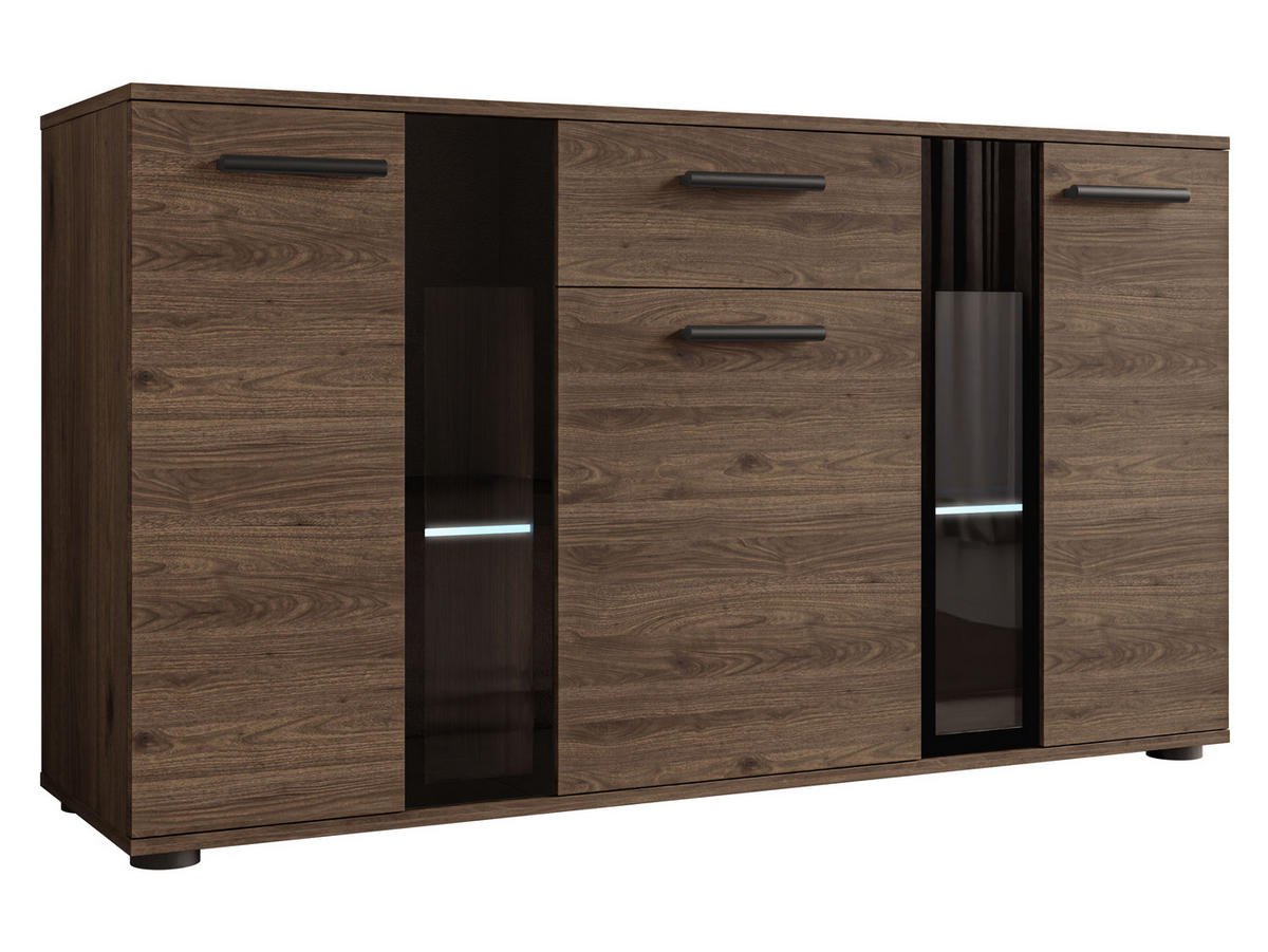 KOMMODE Salsa mit blauer LED Beleuchtung - Nussbaumfarben/Schwarz, Holzwerkstoff (141/80/41cm) - MIRJAN24