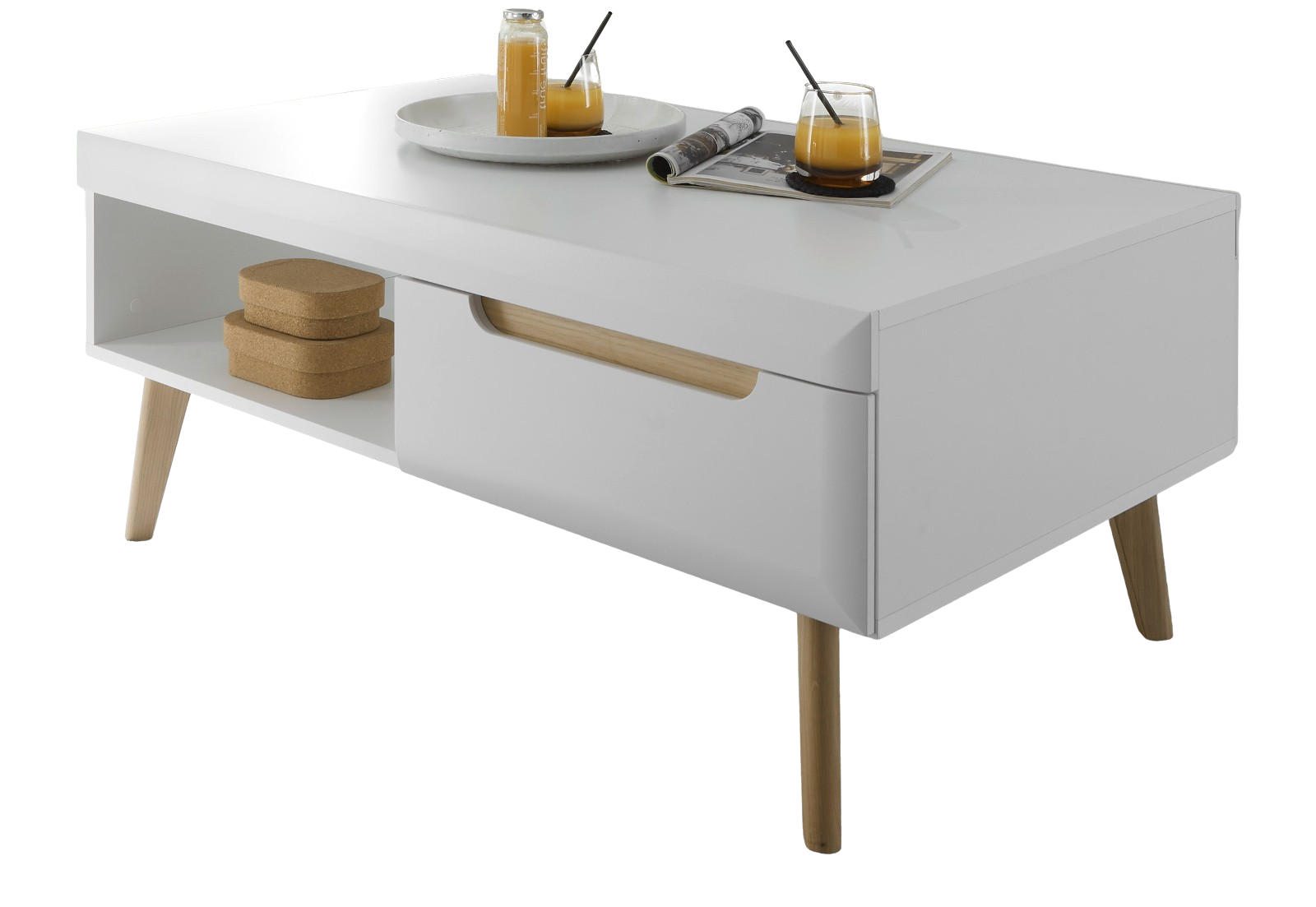 COUCHTISCH weiß matt, Eiche skandinavisch 107 x 67 cm, Wohnzimmertisch mit Stauraum - Eichefarben/Weiß, Holz/Holzwerkstoff (107/67/46cm) - Furn.Design