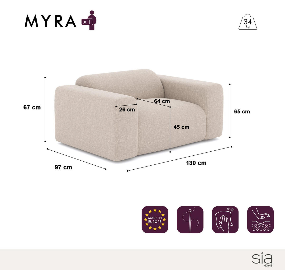 SESSEL Texturierter Samt Anthrazit 130cm - Dunkelgrau/Anthrazit, Textil (130/67/97cm) - Sia Home
