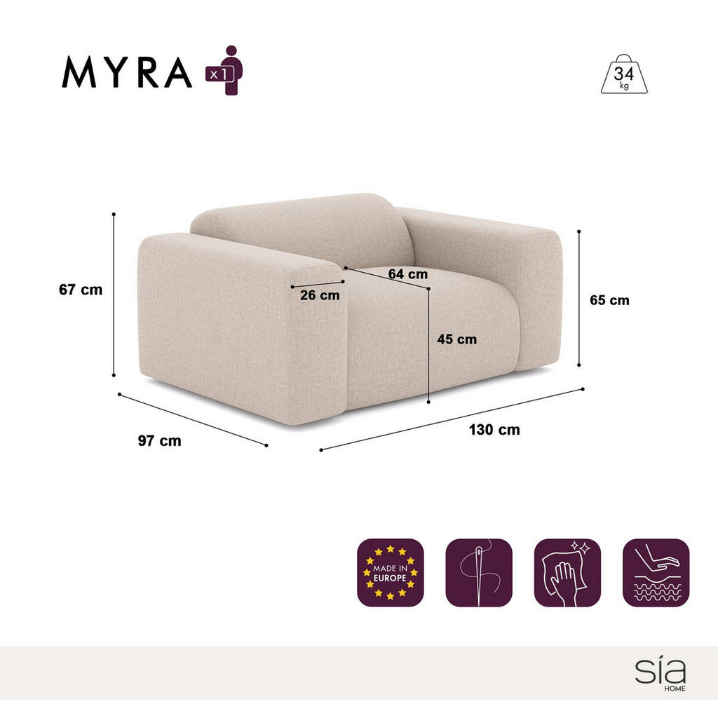 Thumbnail - Sia Home Sessel, Beige, Textil, 1-Sitzer, Rechteckig, 130x73x97 cm, Wohnzimmer, Sessel, Polstersessel