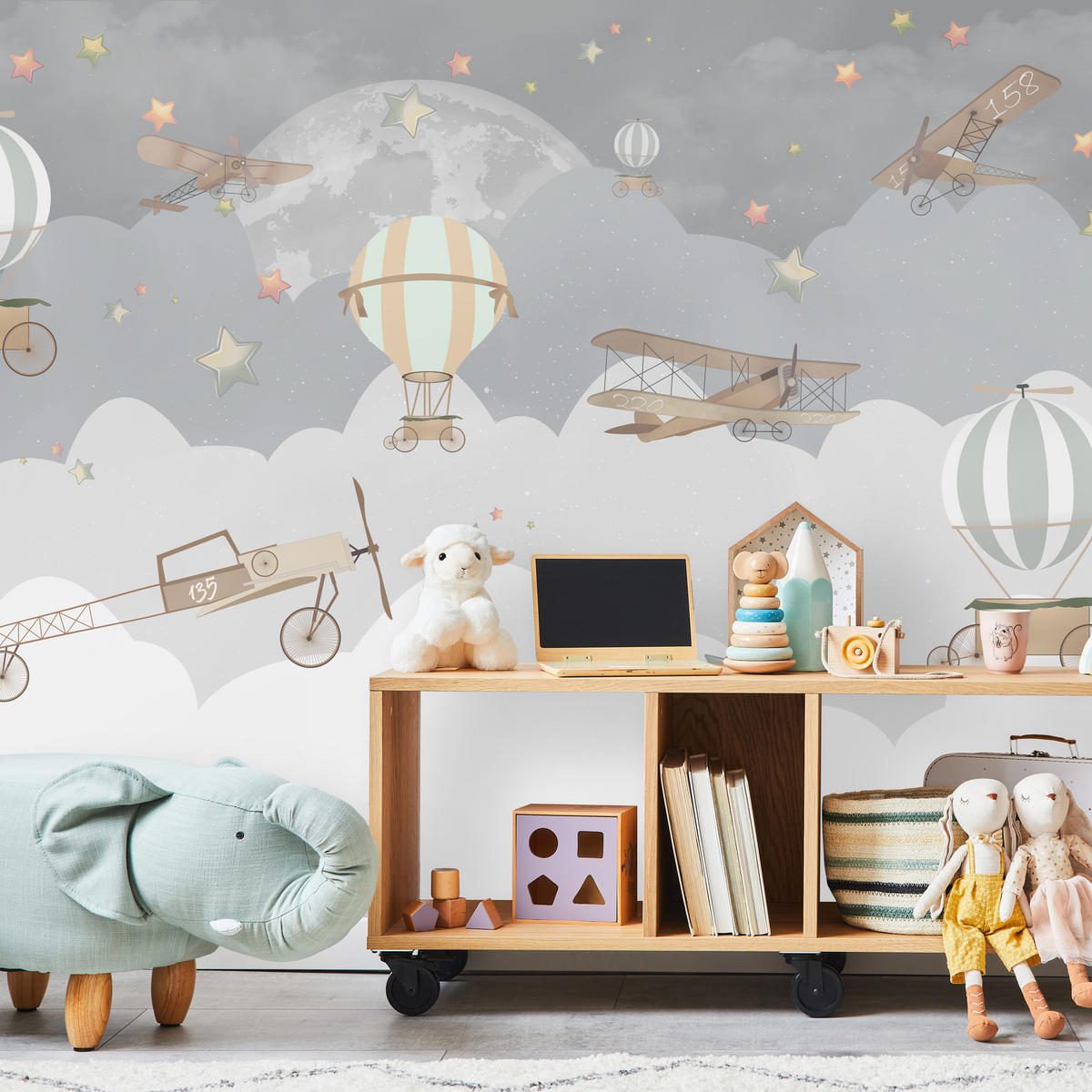 FOTOTAPETE für Kinderzimmer Ballons Wolken Flugzeug Himmel Sterne 250x175 - Multicolor, Papier (250/175cm) - Muralo