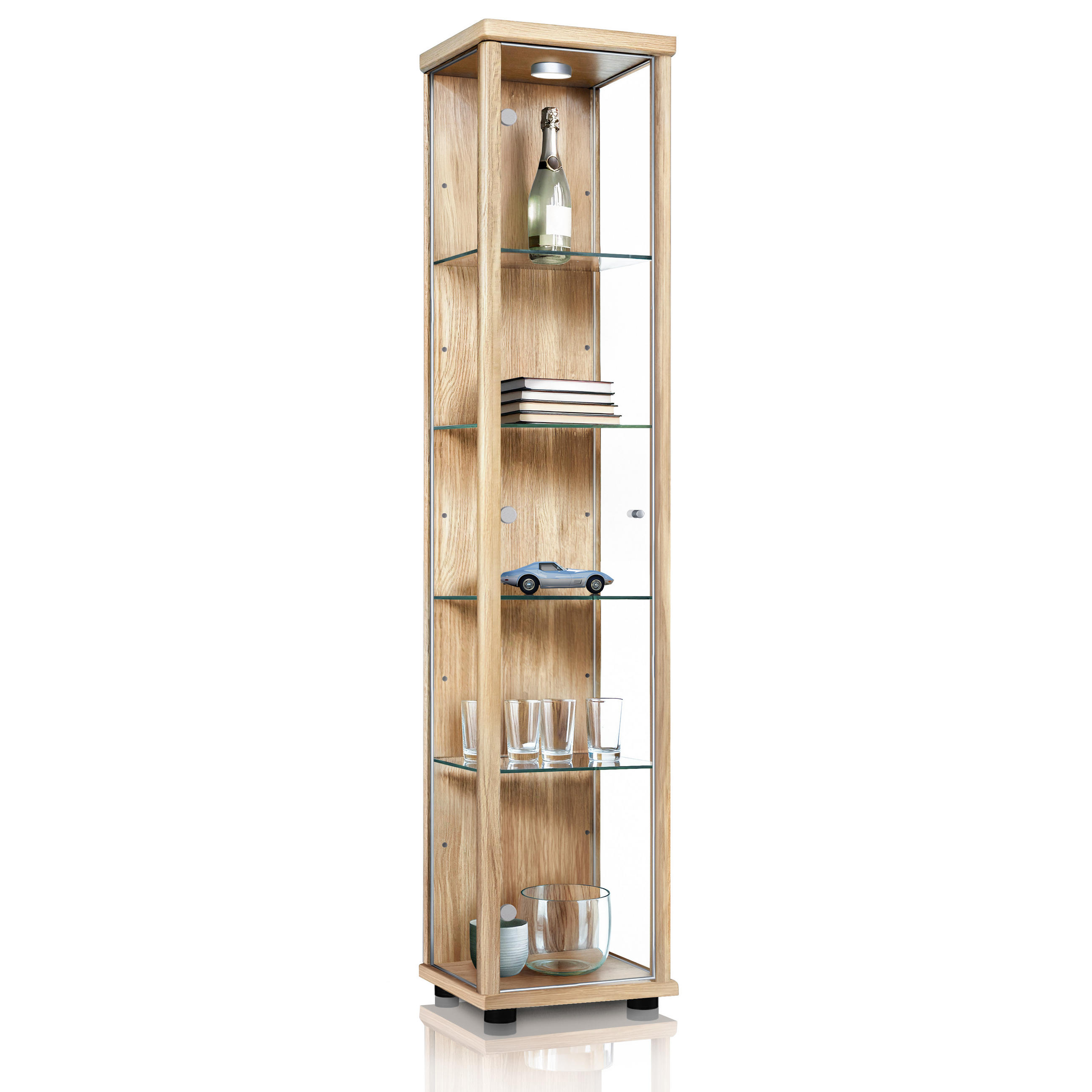 GLASVITRINE 33/37/176 cm mit LED & 4 höhenverstellbaren Glasböden - Transparent/Silberfarben, Glas/Holzwerkstoff (37/176/33cm) - K-Möbel