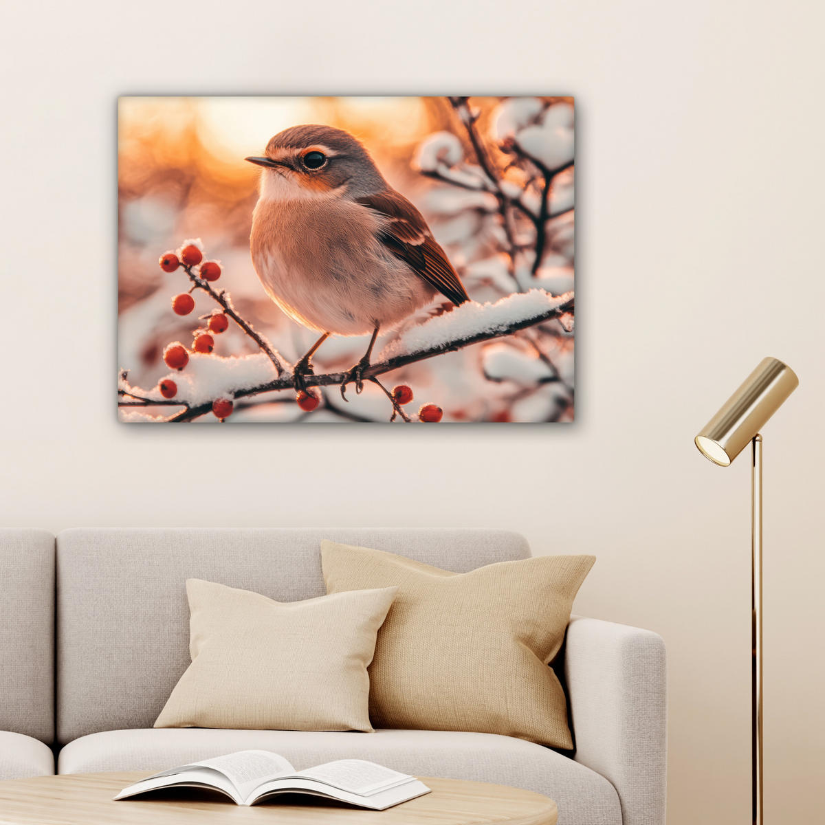 LEINWANDBILD Vogel - Zweig - Winter - Tiere - Schnee Wandbilder 80x60 cm - Bernsteinfarben, Textil (80/60cm) - MuchoWow