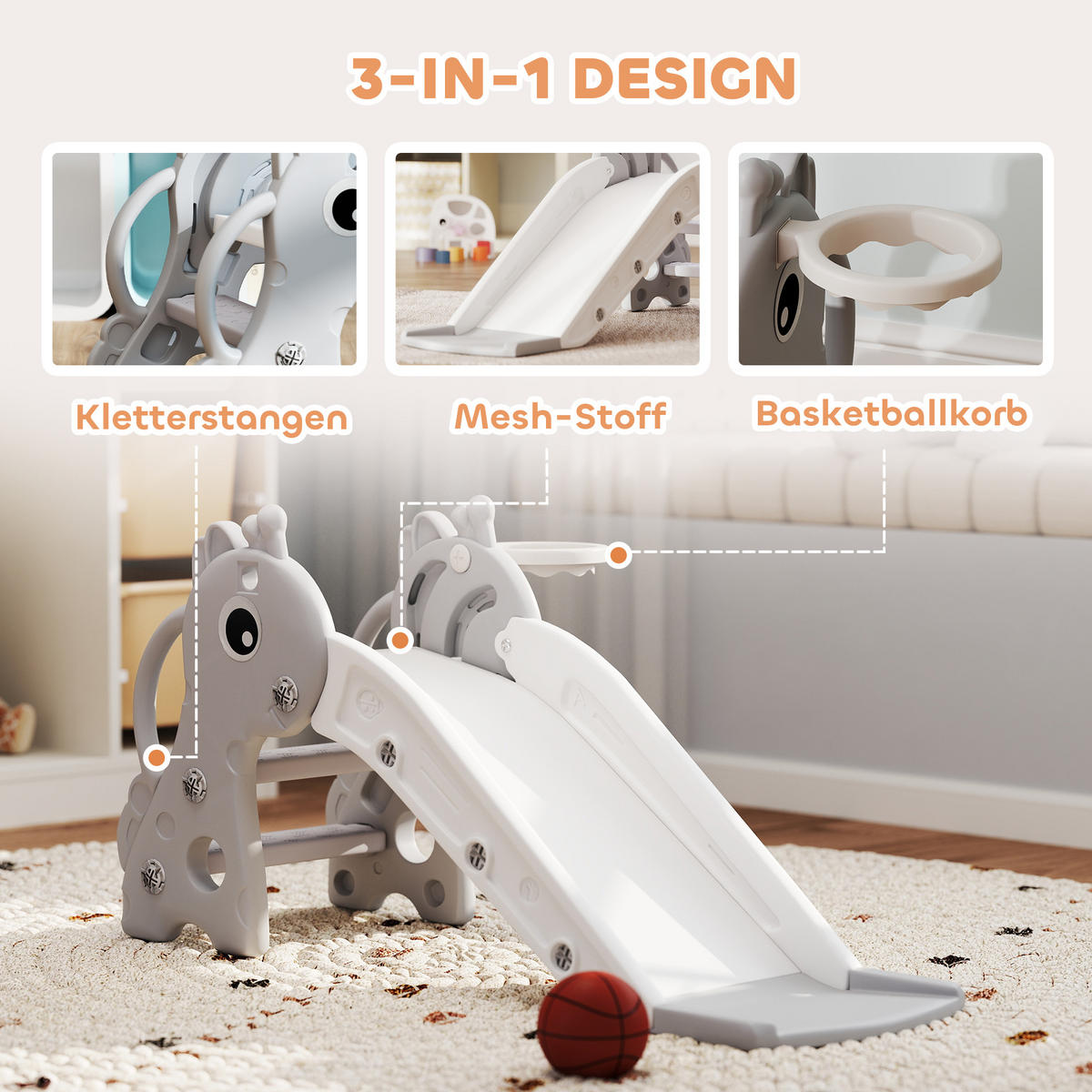 KINDERRUTSCHE, 3 in 1, Kleinkinderrutsche mit Basketballkorb, Basketball, Grau - Grau, Kunststoff (51.5/52/106cm) - AIYAPLAY