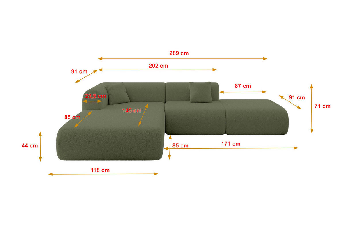 ECKSOFA Ottomane Links OVLY-L 289x176x71 Grün Bouclé - Schwarz/Grün, Holzwerkstoff/Kunststoff (176/289cm) - ALTDECOR