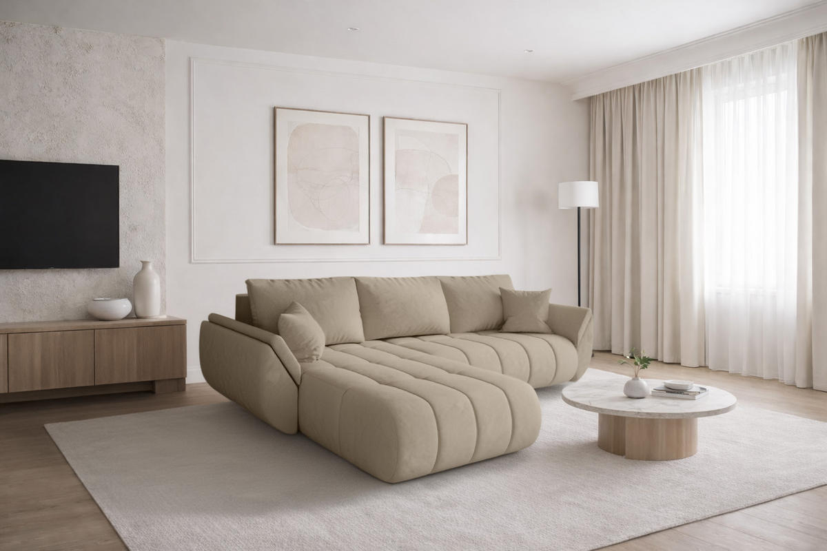 ECKSOFA TOKYO PREMIUM mit Schlaffunktion, Stoff MONOLITH, Ecru, Links - Ecru, Holz (280/190cm) - Kaiser Möbel