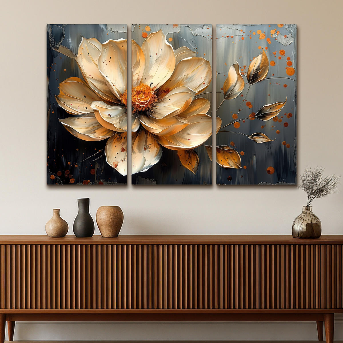 LEINWANDBILD 3er Set Blume - Gold - Abstrakt - Farbe 180x120 cm - Creme, Textil (180/120cm) - MuchoWow
