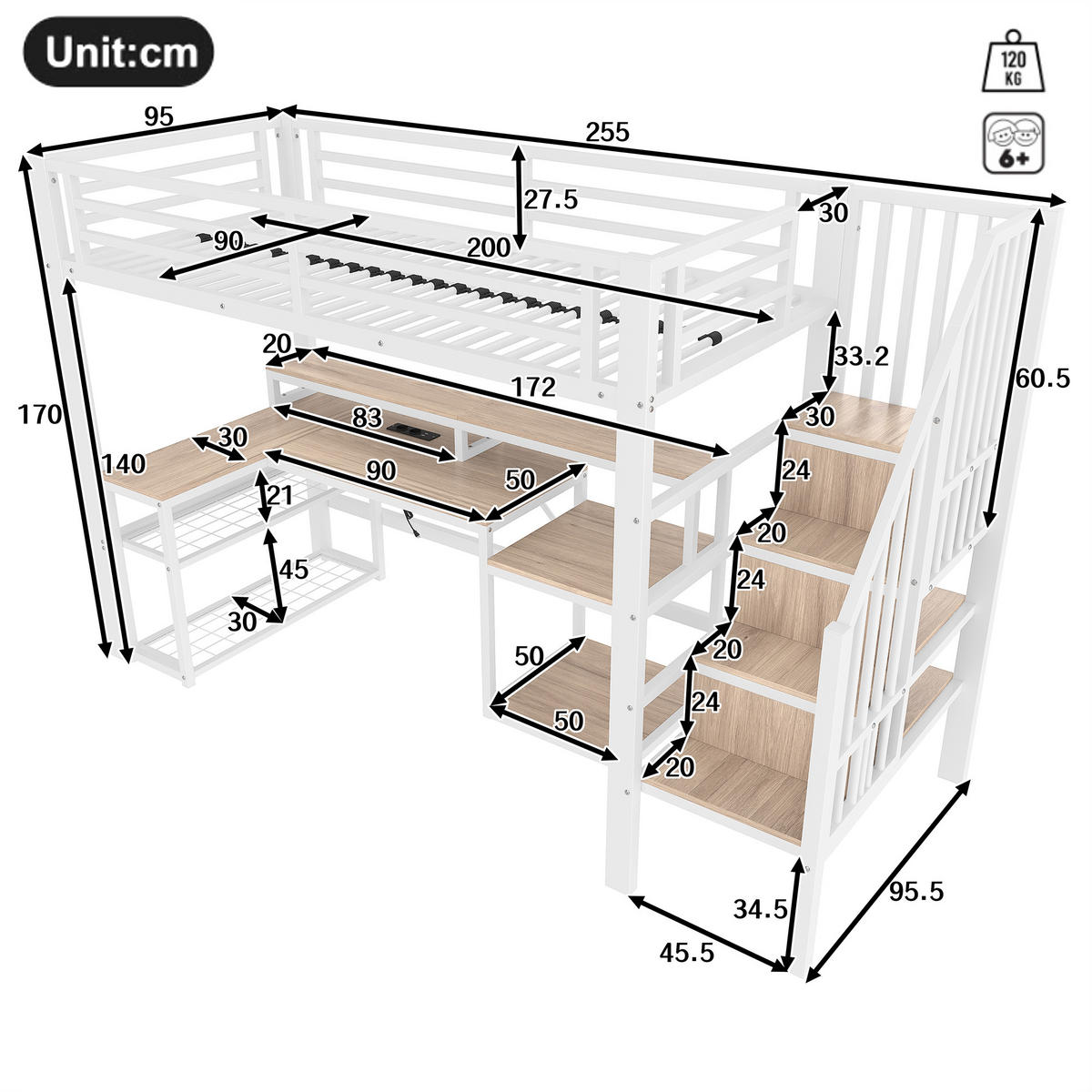 HOCHBETT 90x200cm Weiß Metall LED-Licht Schreibtisch USB - Weiß, Metall (90/200cm) - FLIEKS