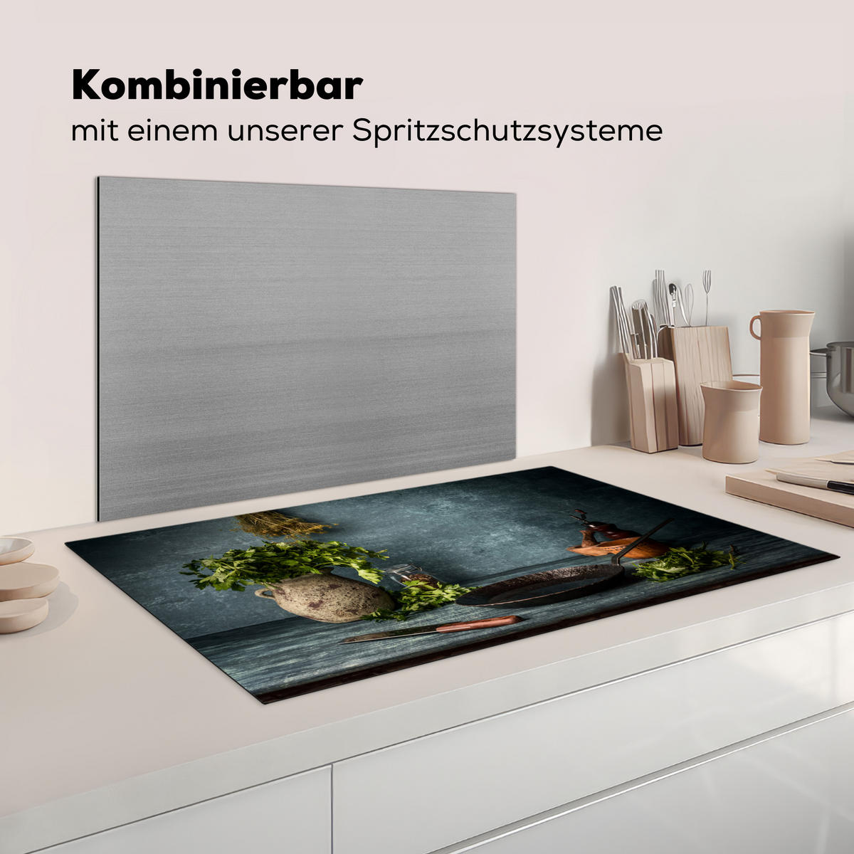 KRYT NA INDUKČNÍ DESKU Bylinky - Koření - Pánev - Nůž - Šedý - Rustikální 89.6x51.6 cm - petrolejová, plast (89.6/51.6/0.2cm) - MuchoWow