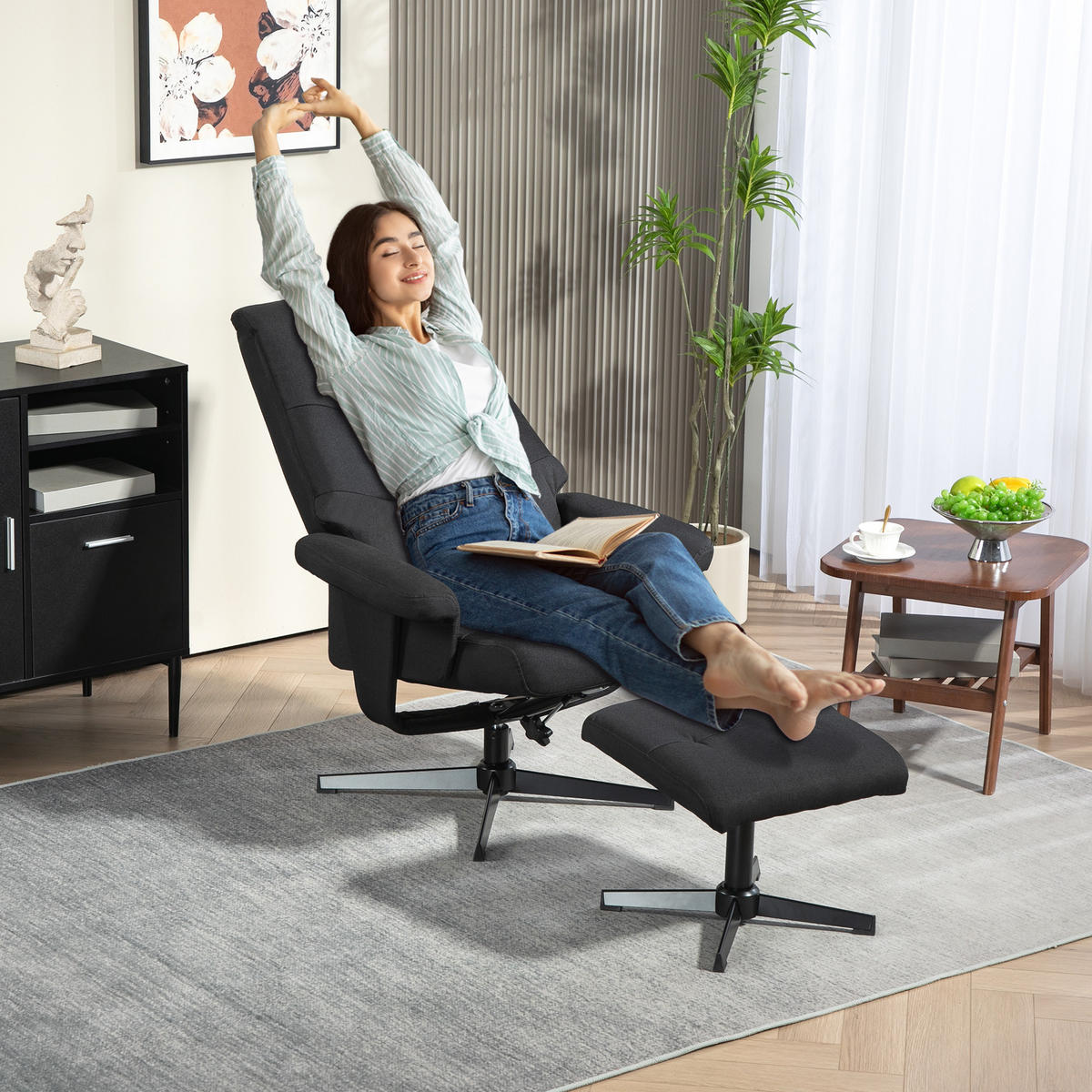 RELAXSESSEL mit Hocker, Gepolstert Fernsehsessel mit Liegefunktion, Schwarz - Schwarz, Textil/Metall (81/102/74cm) - HOMCOM