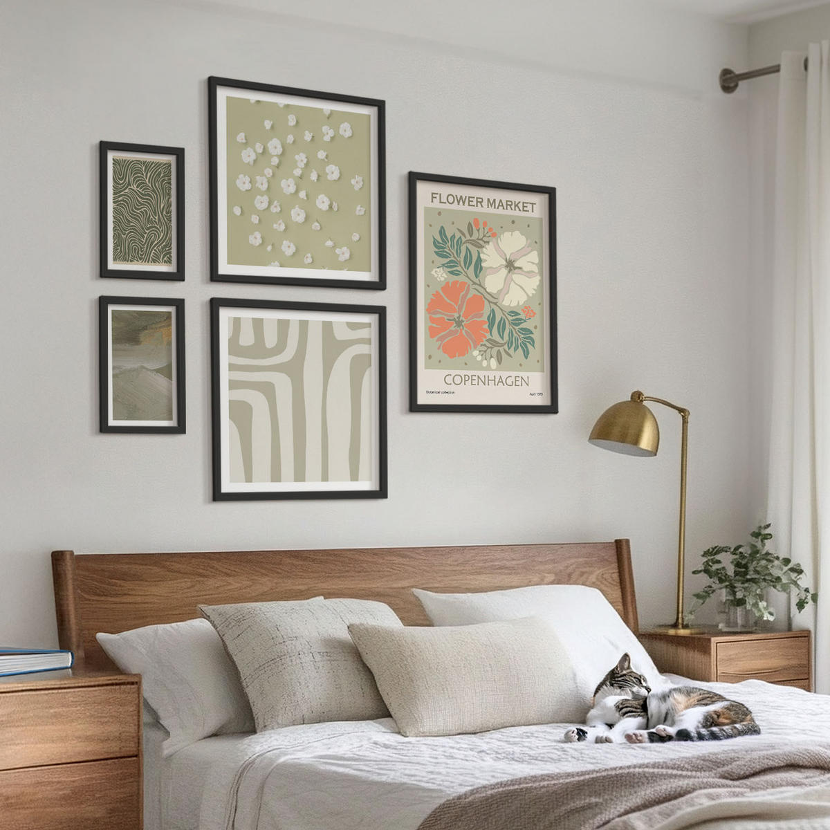 BILDER SET 5er Set - 50x50 cm & 20x30 cm & 40x60 cm Schwarzer Rahmen - Abstrakte Boho-Muster - Schwarz, Kunststoff (40/60cm) - TULUP