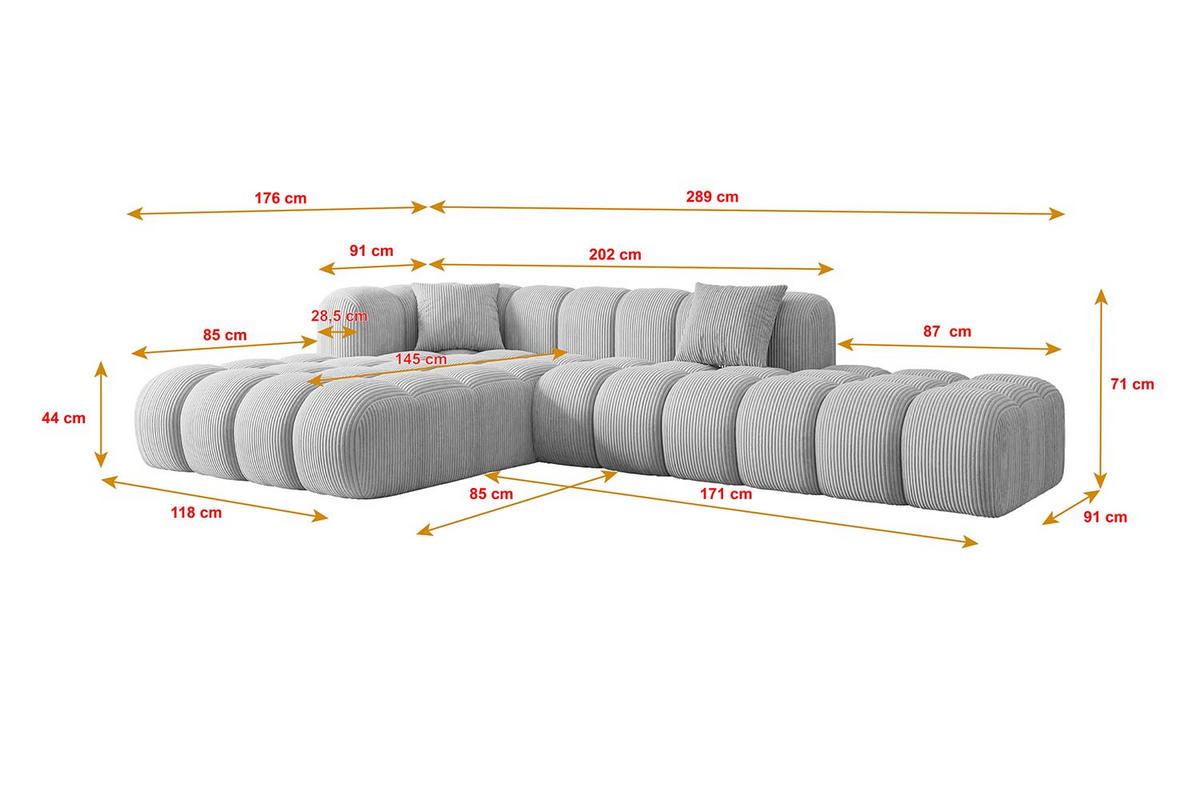 ECKSOFA Ottomane Links OLEA-L2 - 289x176x71 cm Grau Cord - Schwarz/Grau, Holzwerkstoff/Kunststoff (176/289cm) - ALTDECOR