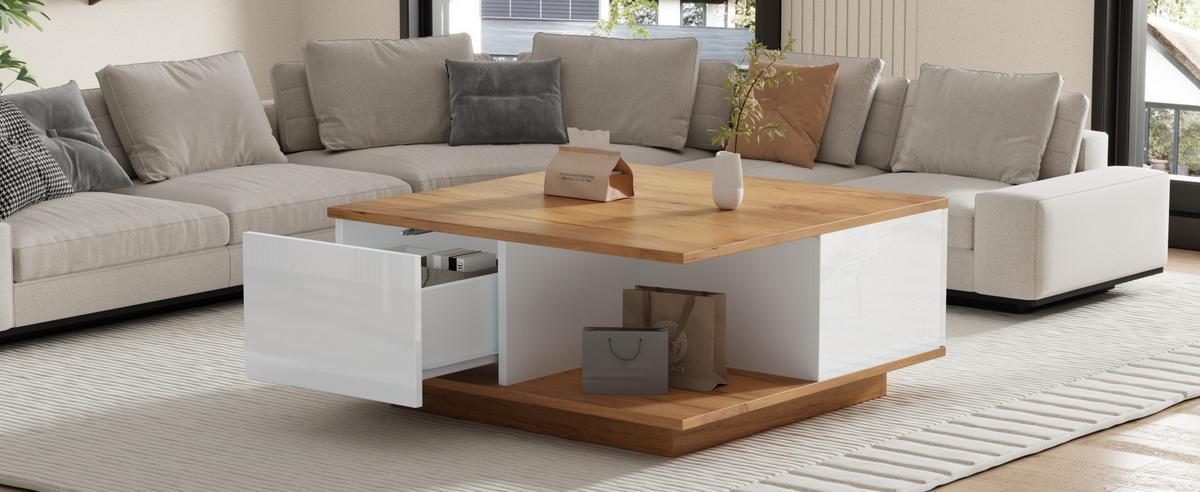COUCHTISCH 70/70/31,5 cm mit 3 Schubladen und halboffenem Stauraum in Hochglanzoptik, Weiß/Walnuss - Walnussfarben, Holzwerkstoff (70/70/31.5cm) - Redom