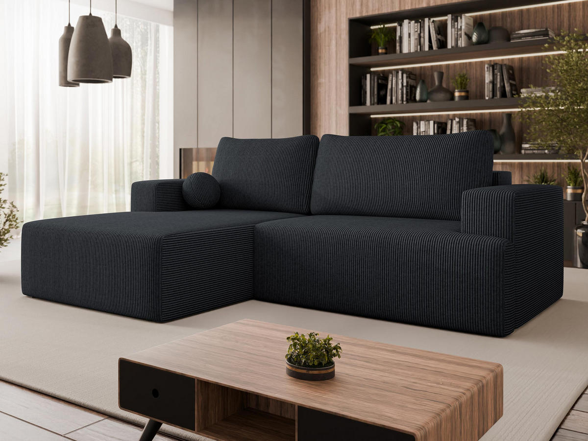 ECKSOFA Mivo Cord, Seite: Links - Schwarz, Holz/Kunststoff (266/163cm) - MIRJAN24