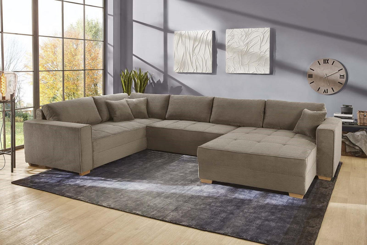 WOHNLANDSCHAFT Schlaffunktion Bettkasten Wellenunterfederung, spiegelverkehrt montierbar U-Form B379/T227/H86 cm, Cord Braun Taupe / 15197 - Taupe/Eichefarben, Holz/Textil (379/86/227cm) - luma-home
