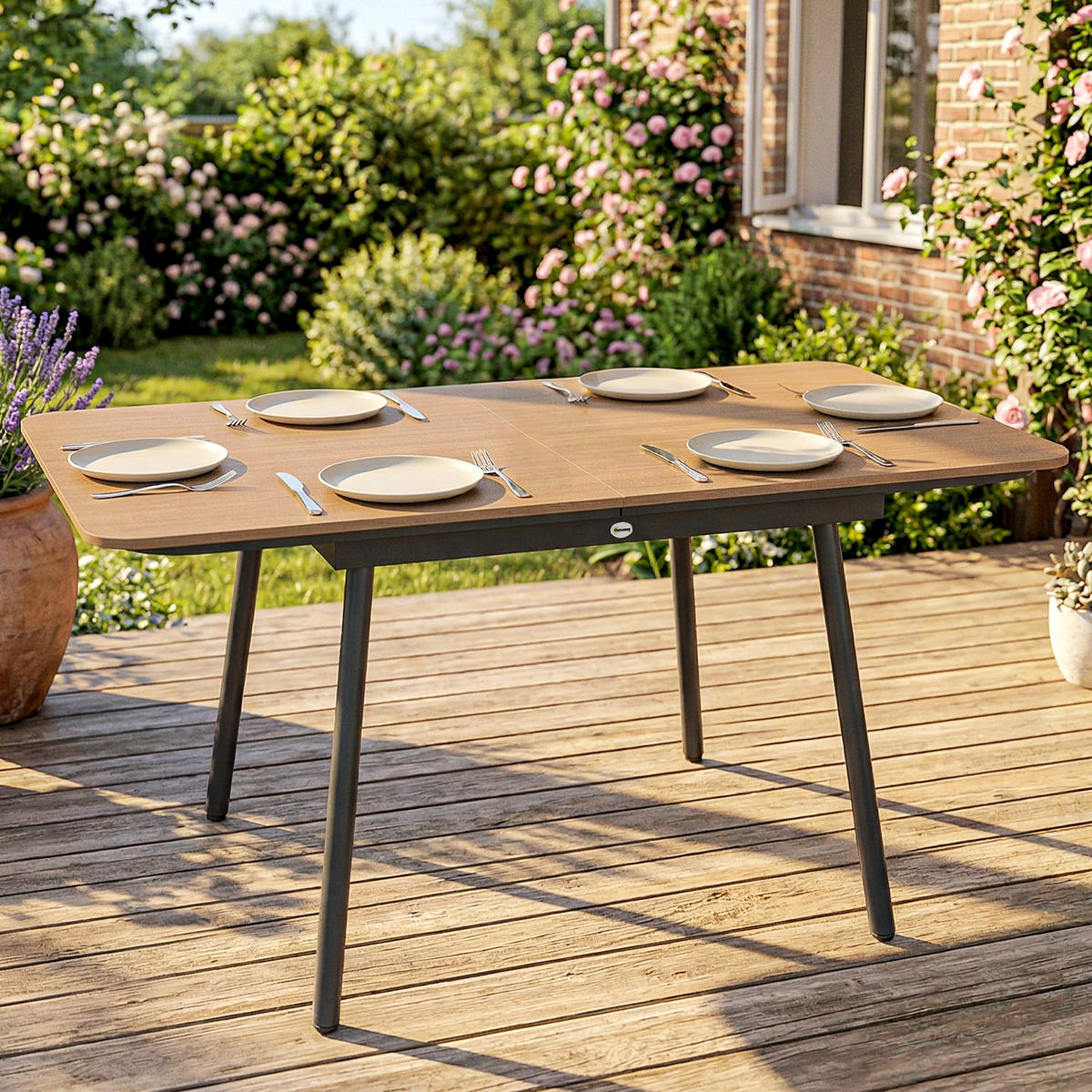 GARTENTISCH rechteckig 140/80/75 cm Teak - Schwarz/Teakfarben, Metall (140/80/75cm) - Outsunny