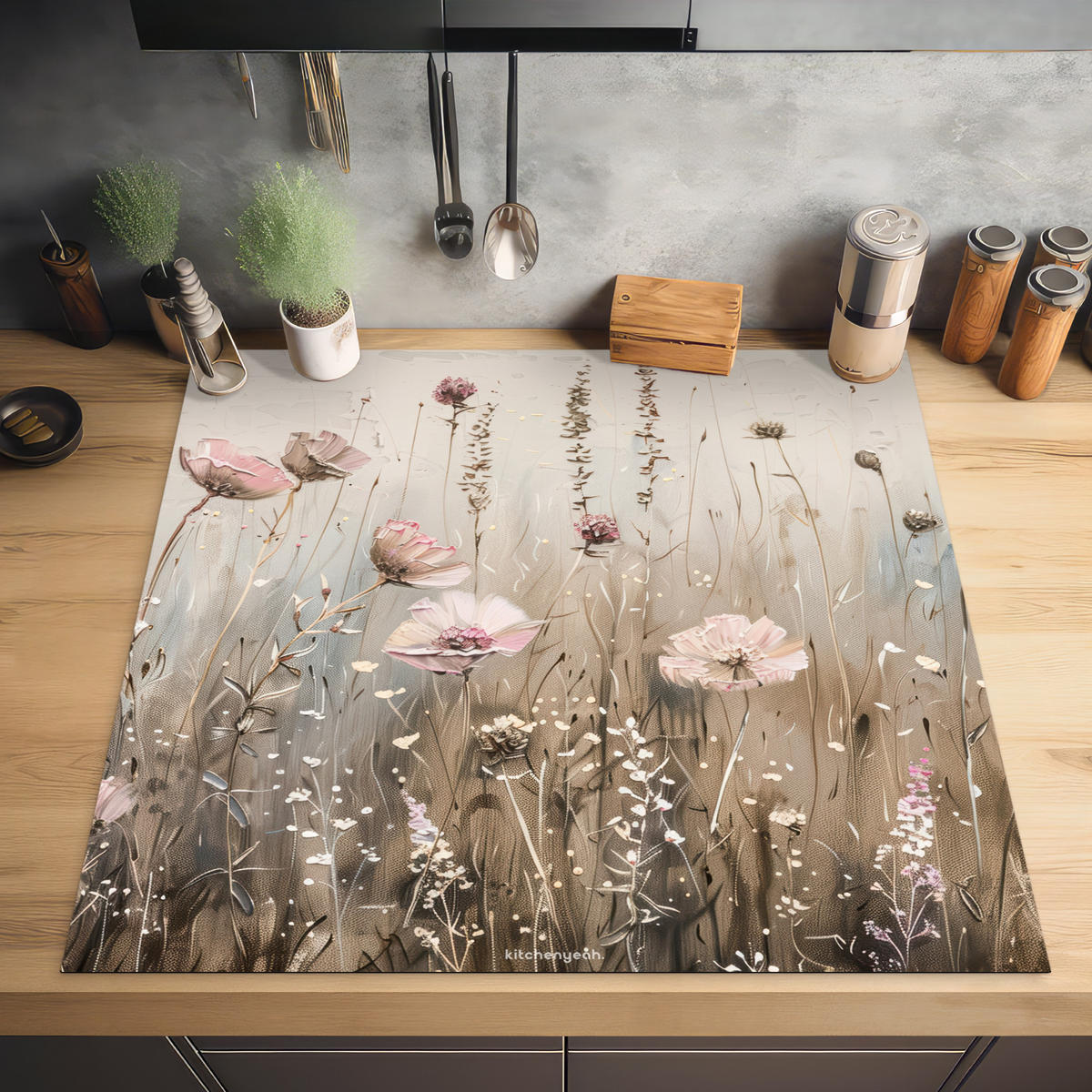 HERDABDECKPLATTE Blumen - Beige - Trockenblumen 78x78 cm - Beige, Kunststoff (78/0.2/78cm) - MuchoWow