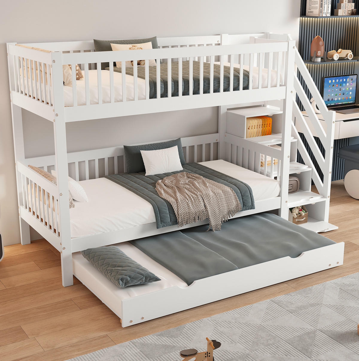 ETAGENBETT 90/200 cm mit Rollbett und Leiterschrank in Weiß - Weiß, Holz (90/200cm) - BEAOK