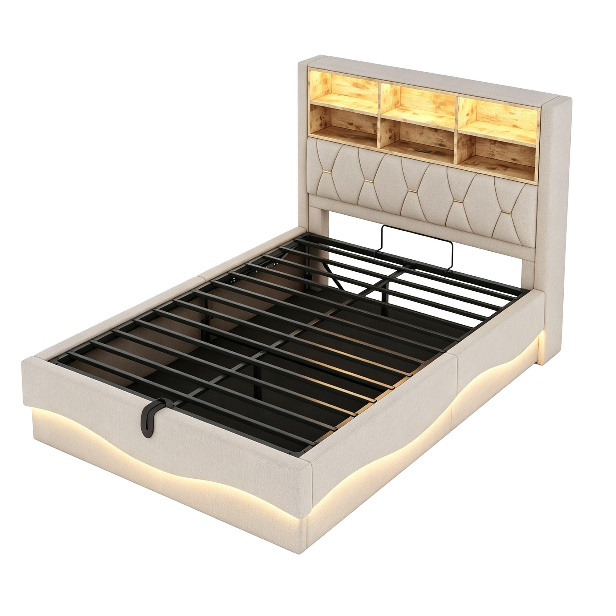STAURAUMBETT 140/200 cm mit APP-LED, USB und Hydraulik, DE-02053, in Beige - Beige, Metall (140/200cm) - ComfortXL