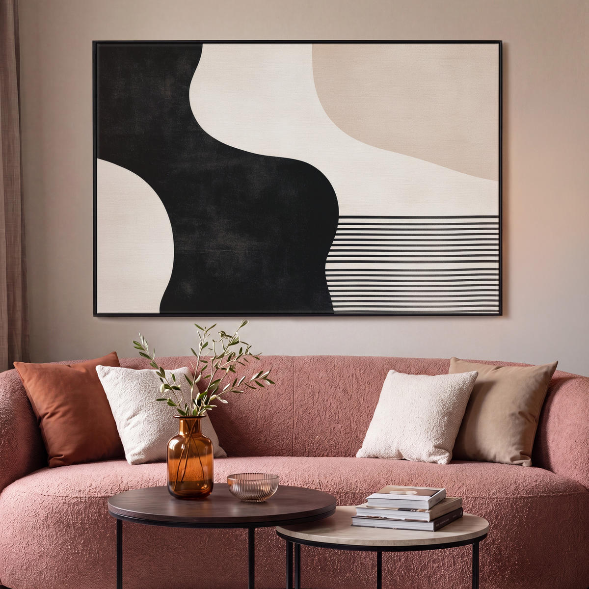 LEINWAND Bilder mit Rahmen - Abstrakt - Japandi - Beige - Modern - 120x80 - Schwarz, Textil (120/80cm) - MuchoWow