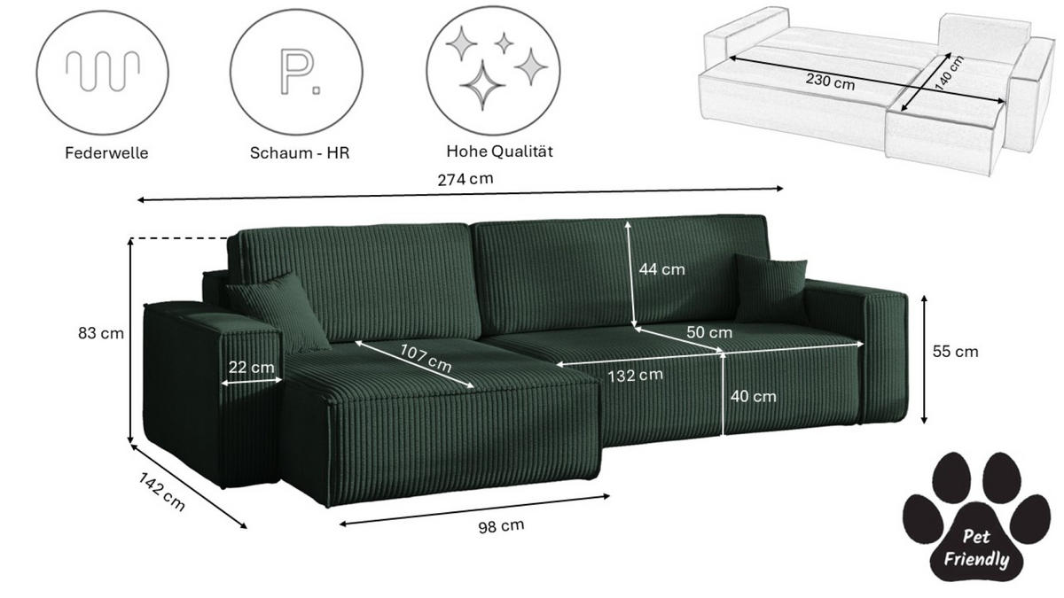 ECKSOFA Mit Schlaffunktion Und Bettkasten, Eckcouch BEST XL Stoff Poso Dicker Cord Grün Links - Schwarz/Grün, Holz/Kunststoff (142/274cm) - Kaiser Möbel
