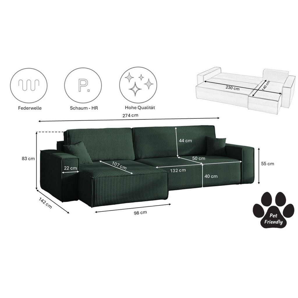 Thumbnail - Kaiser Möbel Ecksofa, Grün, Holz, 5-Sitzer, L-Form, 142x83x274 cm, Wohnzimmer, Sofas & Couches, Sofas