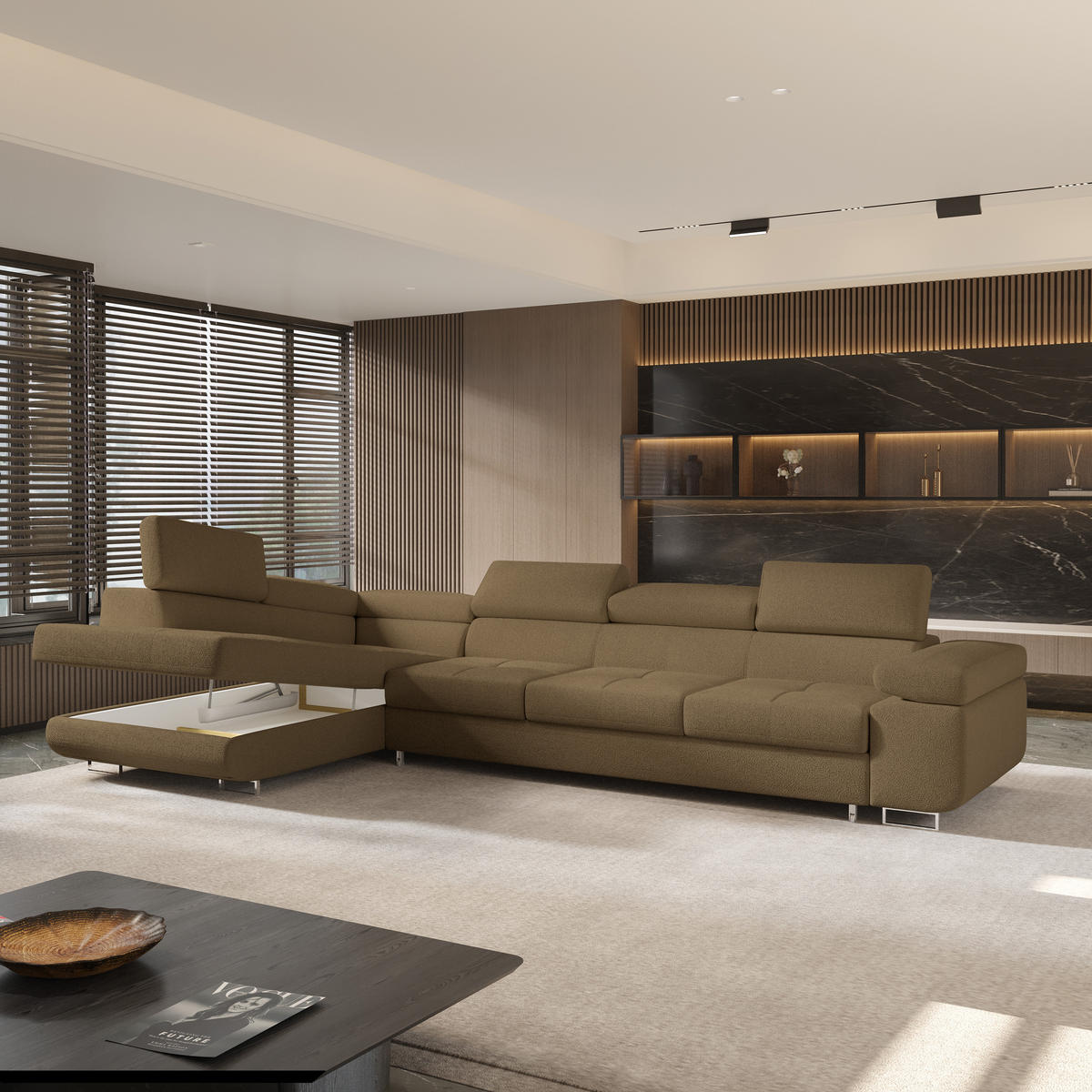 ECKSOFA VICENTE Orange Boucle-Stoff mit Schlaffunktion - Orange, Holz (346/202cm) - MASSENO