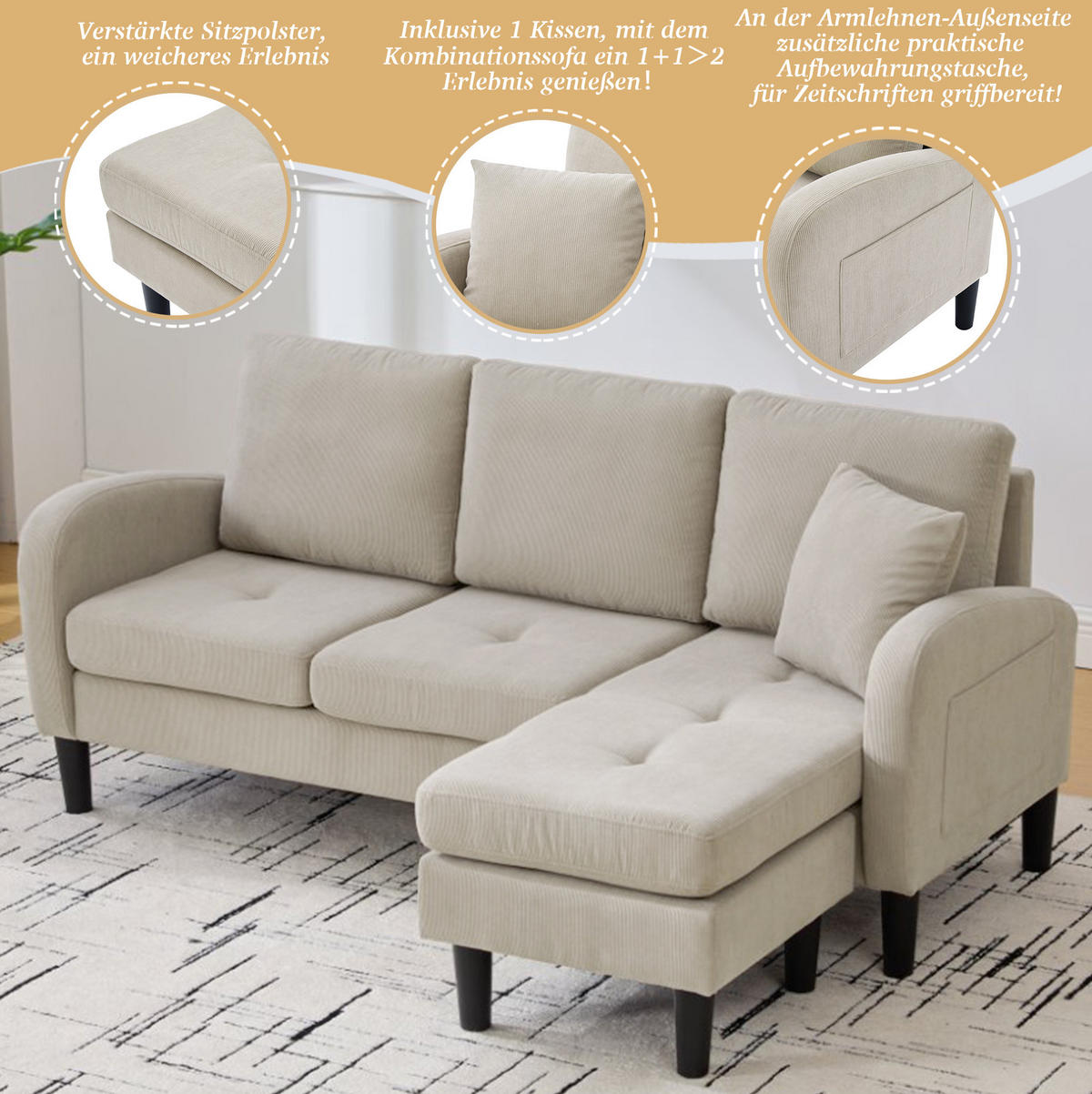 ECKSOFA 166/118/77 cm hellgrau aus Cord mit Chaiselongue - Graubraun, Kunststoff (118/166cm) - OKWISH