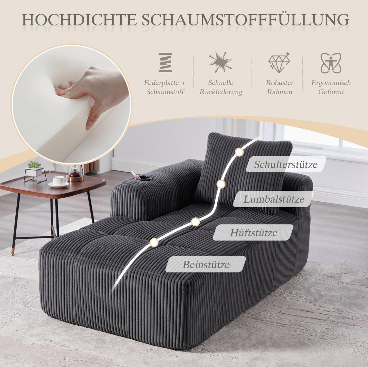 SOFA od samta, 158/93/61 cm tamnosiva, s bočnim džepovima i držačima za piće - tamno siva, tekstil (93/61/158cm) - BEAOK
