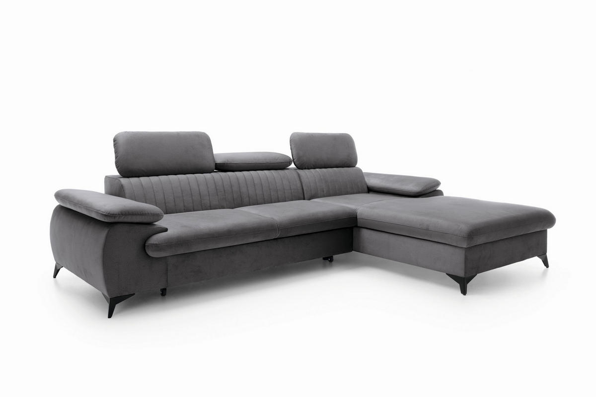 ECKSOFA FIORE Grau Velours-Stoff mit Schlaffunktion - Grau, Holz (275/221cm) - MASSENO