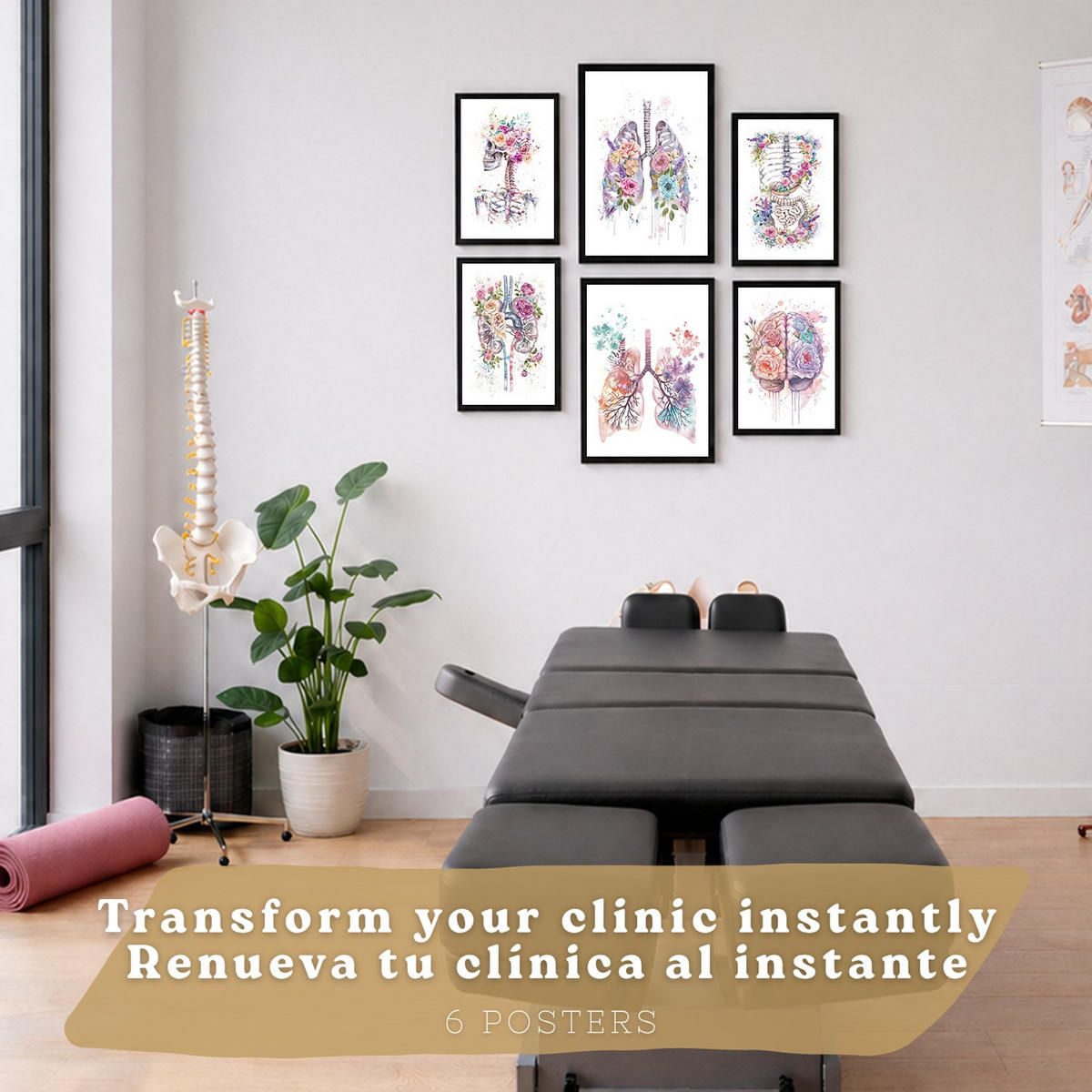 POSTER Set aus 6 Anatomie Mensch Florale Aquarell Drucke und mit Gehirn Lungen Skelett Nieren und Organen Botanische Größe Schwarzer Rahmen A3 & A4 - Schwarz, Papier (29.7/42/3cm) - Nacnic
