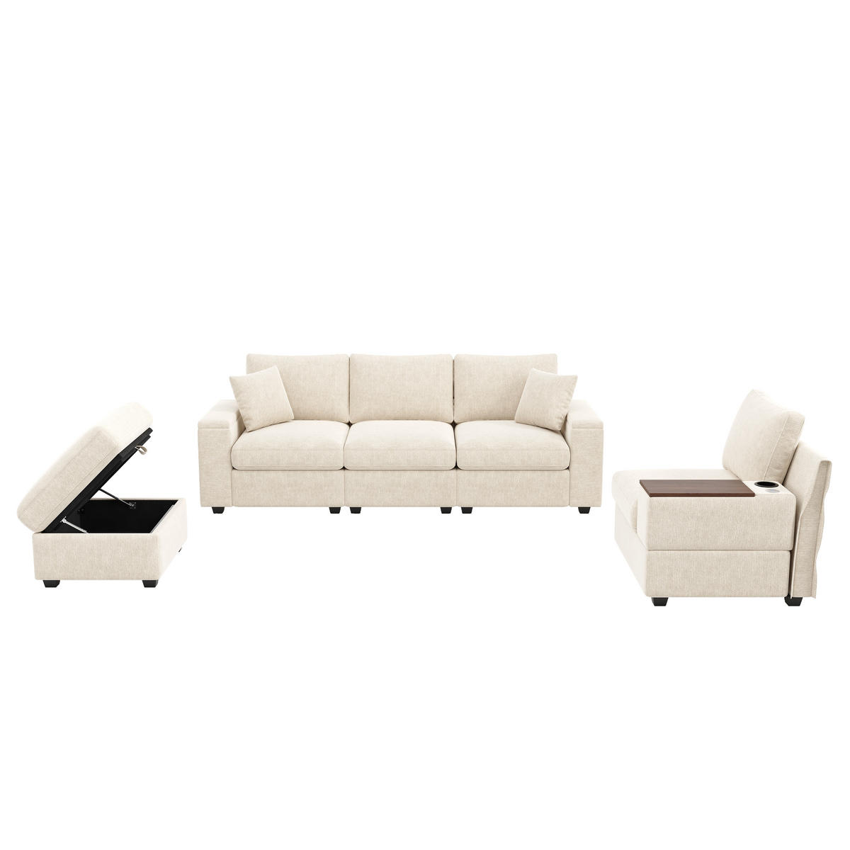 ECKSOFA 313/147/82 cm Beige mit Stauraum, USB-/Typ-C, Getränkehaltern und 360° drehbarem Couchtisch - Beige, Textil/Metall (313/147cm) - Oxeza