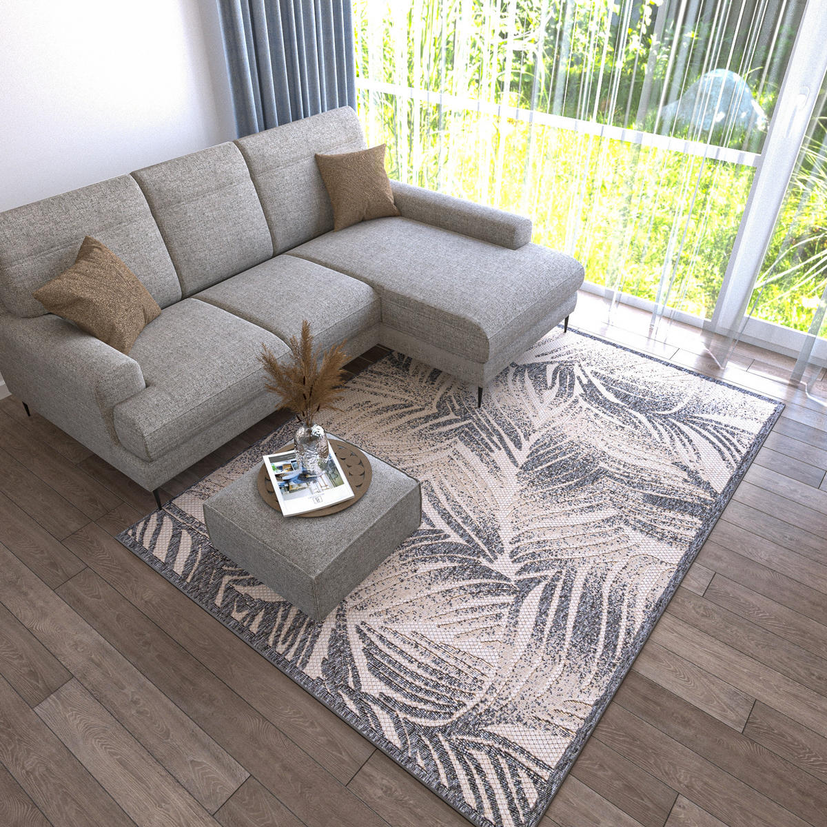 TEPPICH Beige In-Outdoor - Kurzflor Rechteckig, Motiv Pflanzen,Blätter,Blumen - Grau - 140 x 200 cm - Creme/Grau, Textil (140/200cm) - Mazovia