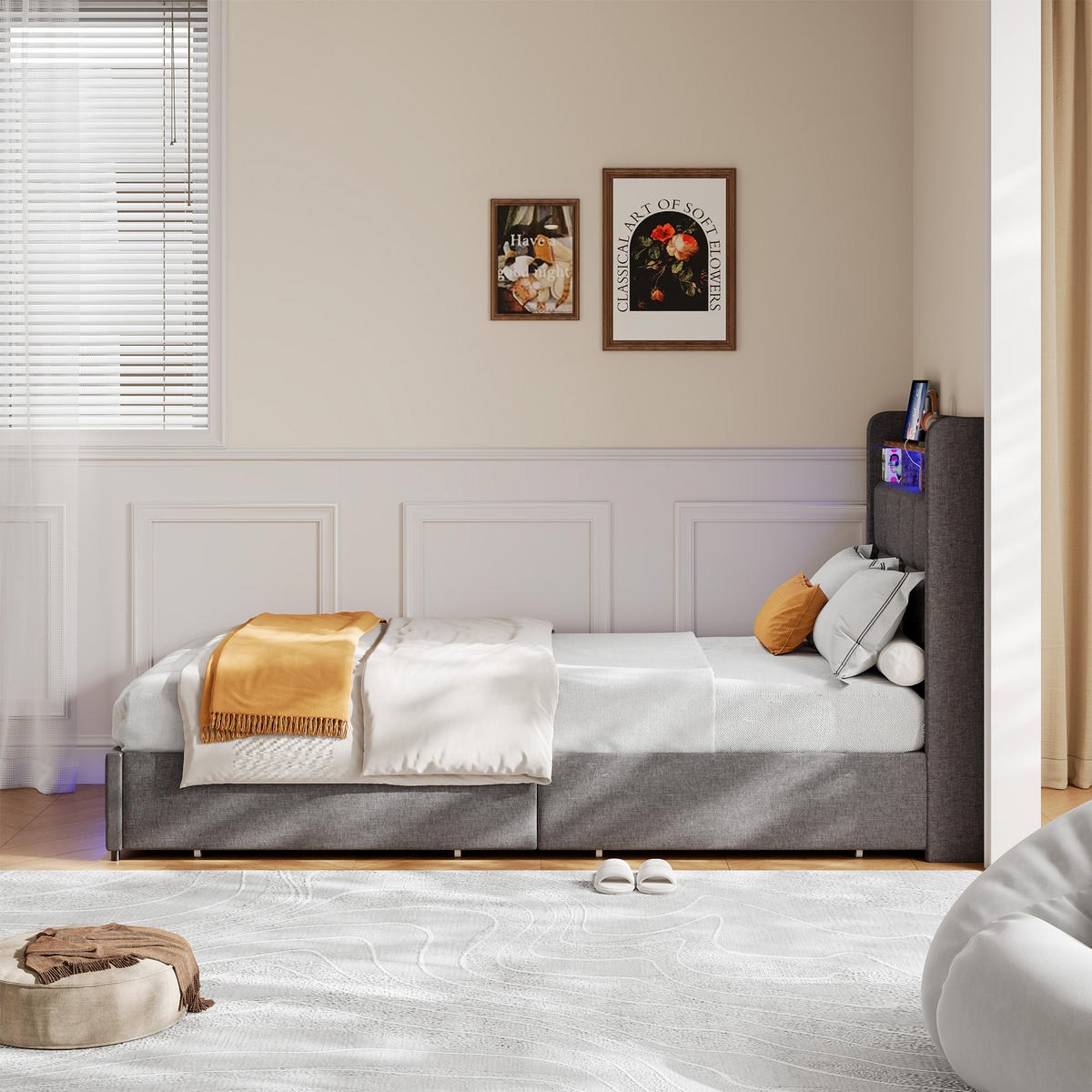 BETT 90x200 cm mit Schubladen, Kopfteil mit Stauraum und LED-Beleuchtung, USB- und Typ-C-Anschlüsse, Leinenstoff, Lattenrost - Grey - Grau, Holzwerkstoff (90/200cm) - Brevoria