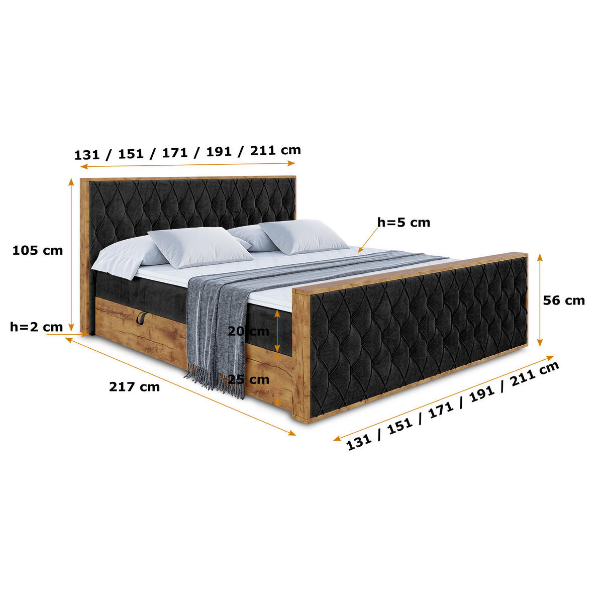 BOXBETT mit Matratze H4 und Lattenrost - LOLLI5-Z - 160x200 - Schwarz Casablanca - Schwarz, Holzwerkstoff (160/200cm) - ALTDECOR