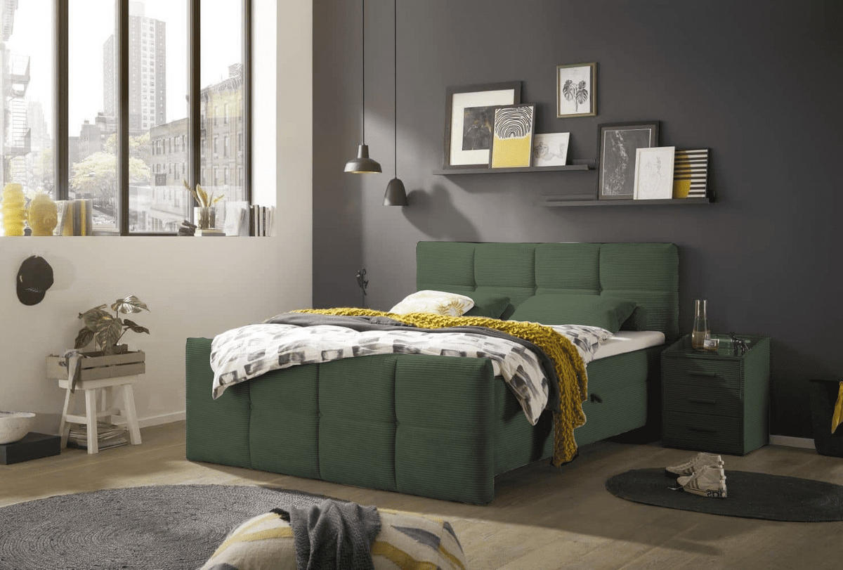 BOXBETT Breitcord, 7-Zonen-Tonnentaschen-Federkernmatratze, HR-30 Topper, Bettkasten - Schwarz/Grün, Holz/Holzwerkstoff (180/200cm) - ed exciting design