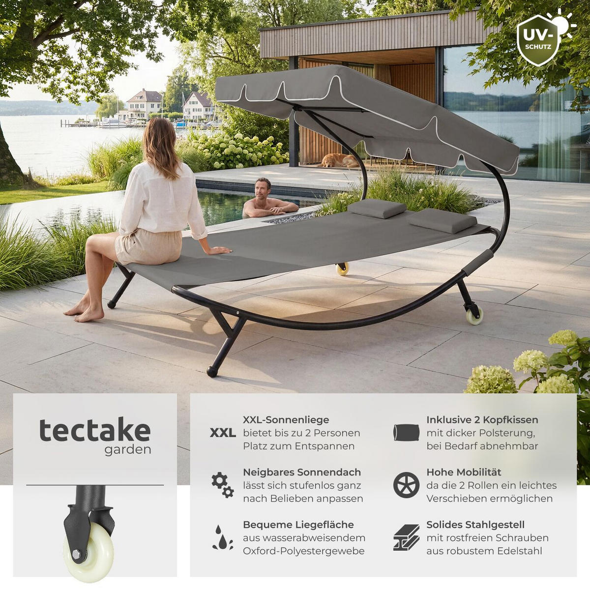 GARTENLIEGE Livorno, 215 x 183 x 150 cm, schwarz/grau - Schwarz/Grau, Kunststoff (185/175/195cm) - tectake