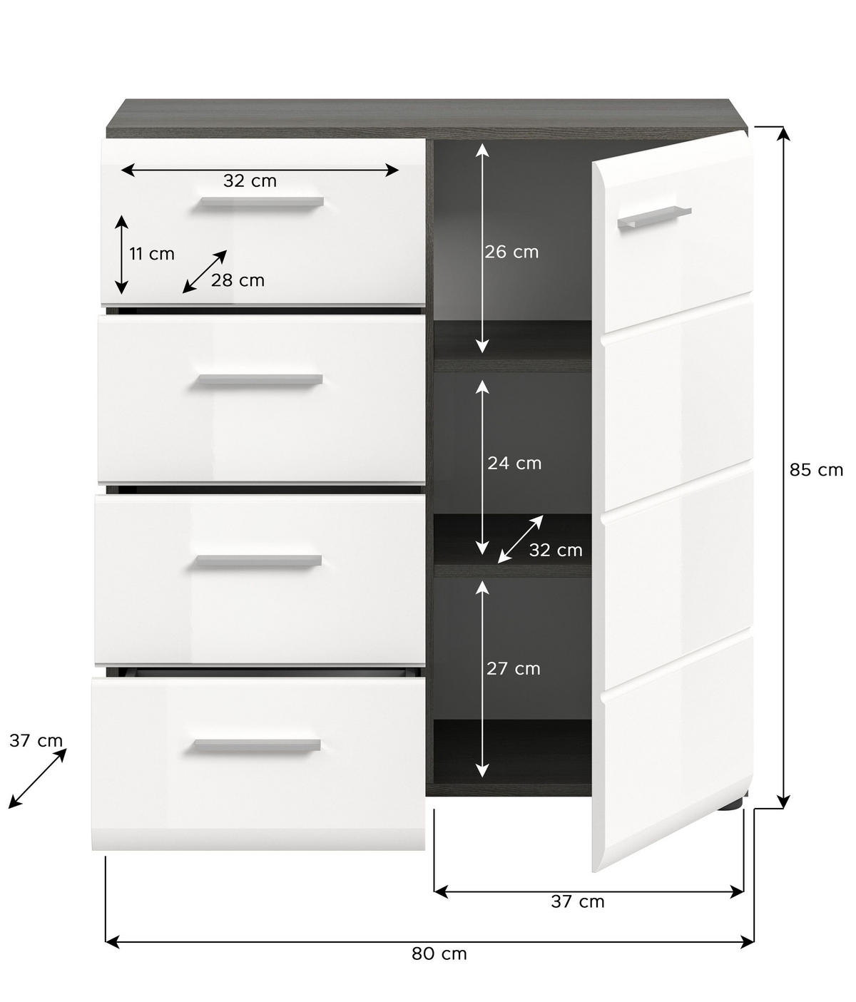 KOMMODE SALSA (B/H/T: ca. 80/85/37 cm) in Rauchsilber Nachbildung/weiß hochglanz - Silberfarben, Holzwerkstoff (80/85/37cm)