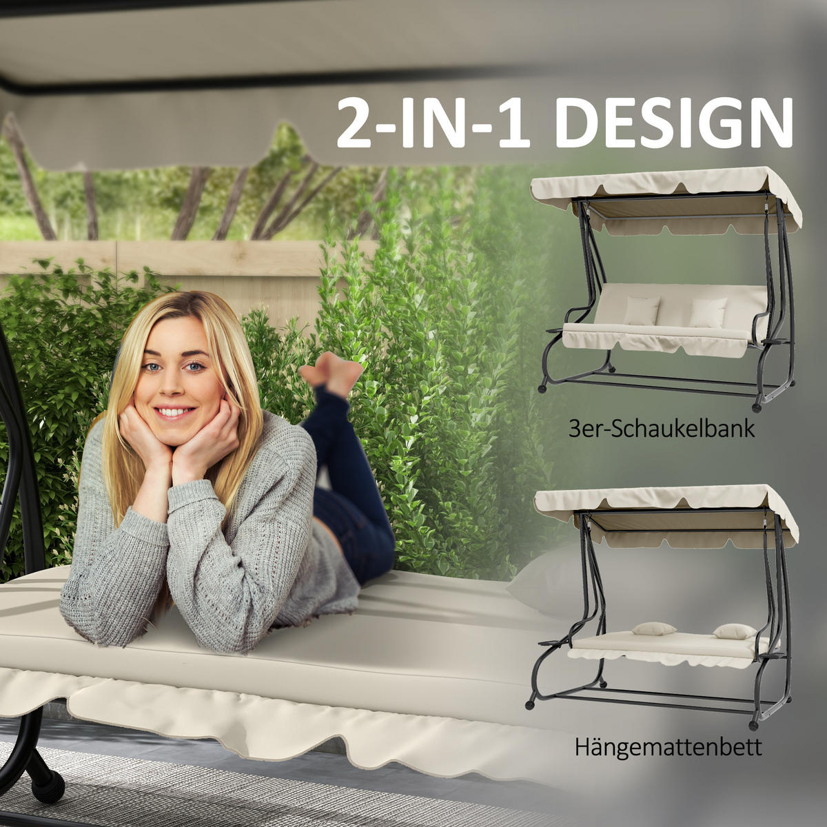 HOLLYWOODSCHAUKEL 3-Sitzer mit Verstellbar Dach Kissen Cremeweiß - Creme, Metall (120/164/200cm) - Outsunny