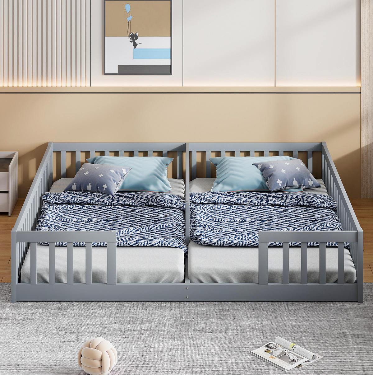 KINDERBETT Kindereinzelbetten 90/200 cm mit Sicherheitsgitter aus Kiefer und MDF, bodennahes Doppelbett, Grau - Grau, Holzwerkstoff (90/200cm) - Redom
