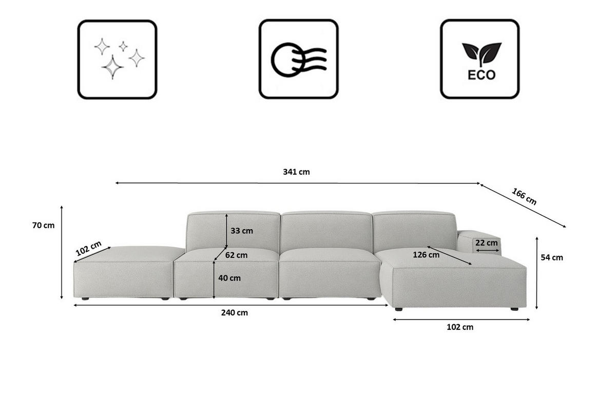 ECKSOFA Cursal L-Form, Stoff Artico, Cement + Hocker, Rechts - Grau, Holz (341/166cm) - Kaiser Möbel