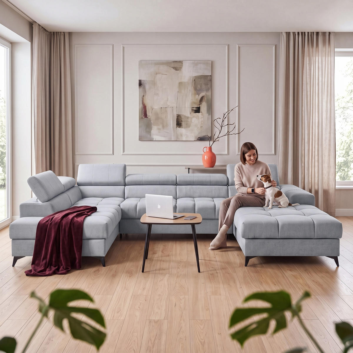 ECKSOFA PUDDING U Rechts mit Schlaffunktion 125x260 Velours Hellgrau - Hellgrau/Schwarz, Holz/Textil (350/203cm) - Muffo