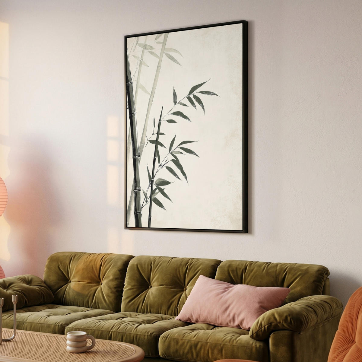 LEINWAND Bilder mit Rahmen - Japandi - Bambus - Beige - 100x150 - Eukalyptusholzfarben, Textil (100/150cm) - MuchoWow