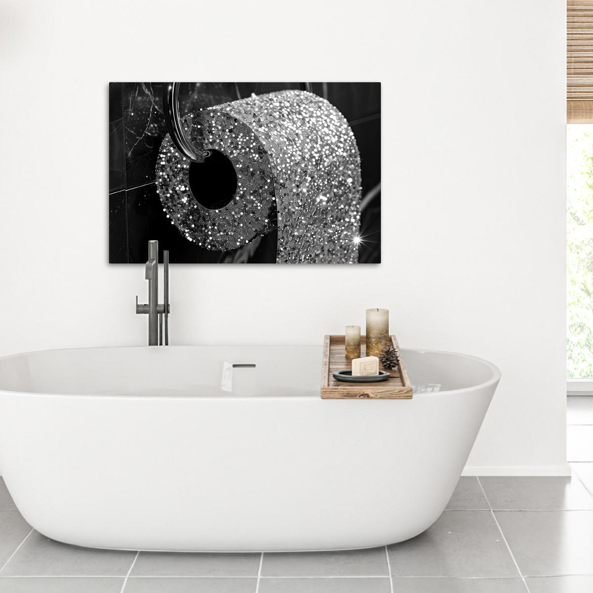 LEINWANDBILD WC - Toilettenpapier - Schwarz und weiß - Glitter Wanddeko 90x60 cm - Silberfarben, Textil (90/60cm) - MuchoWow