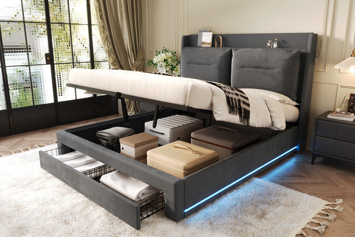 POLSTERBETT 180/200 cm Dunkelgrau mit hydraulischem Bettkasten und LED-Beleuchtung - Dunkelgrau, Textil (180/200cm) - OKWISH