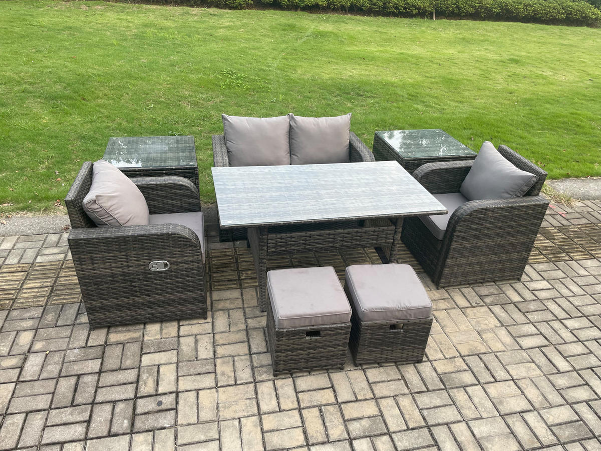 GARTENMÖBEL SET mit Hocker,Beistelltischen,Zweisitzer Polyrattan 6-Sitzer - Dunkelgrau/Grau, Glas/Kunststoff - Fimous