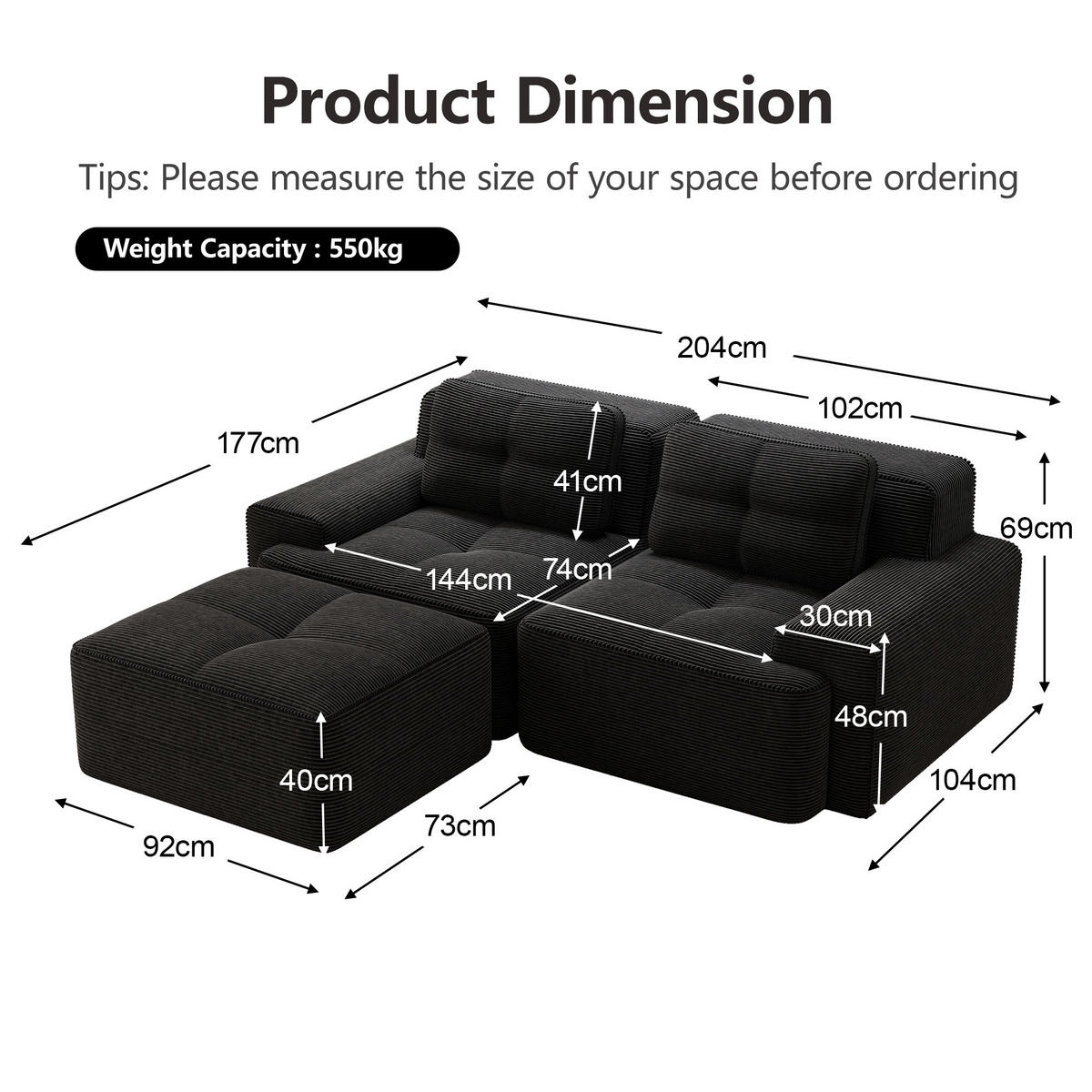 ECKSOFA Cord Schwarz - Schwarz, Textil (204/177cm) - WISHDOR