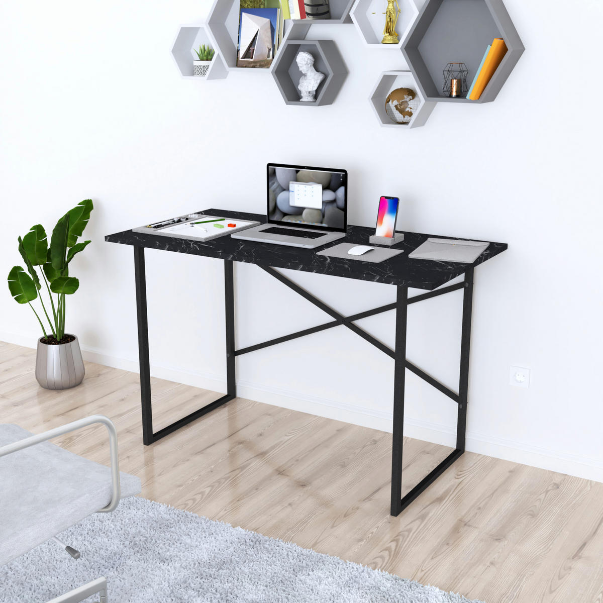 SCHREIBTISCH Tjeldsund - Schwarz, Holzwerkstoff/Metall (60/120/75cm) - [en.casa]