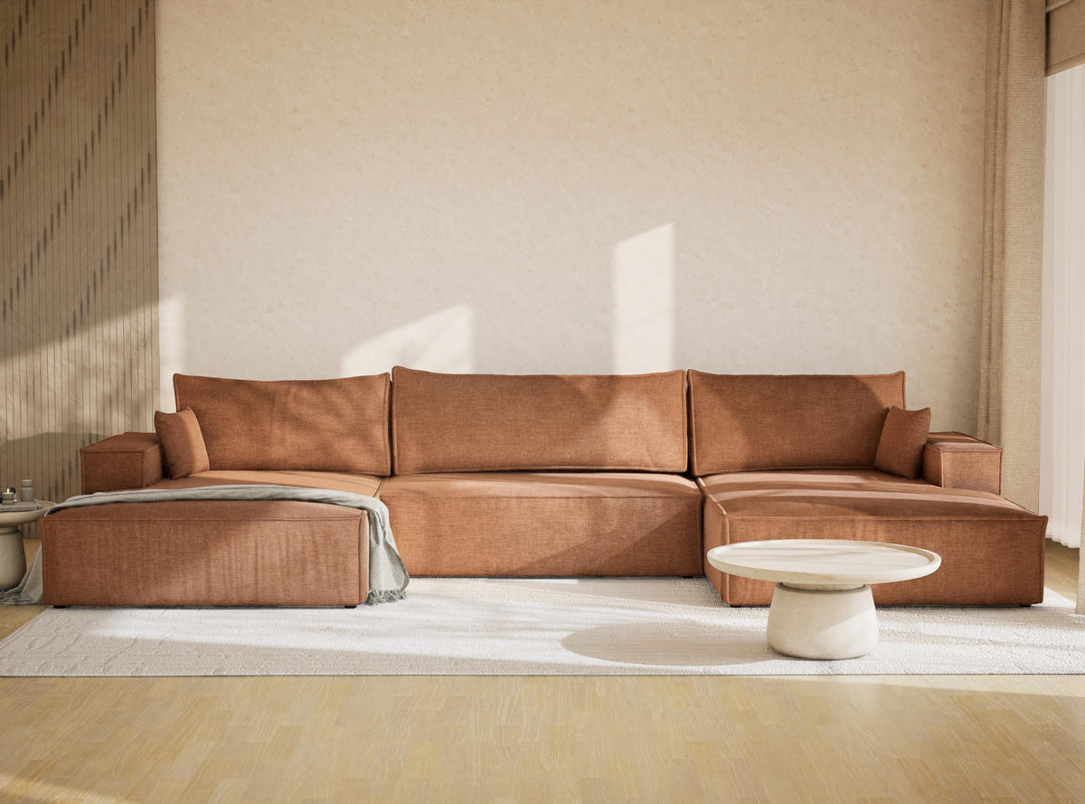 WOHNLANDSCHAFT Kyoto Hellbraun Chenille-Stoff - Hellbraun/Schwarz, Holz/Holzwerkstoff (398/70/148cm) - Maison de Reve