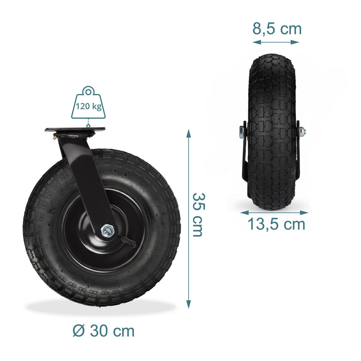 KOLÉČKO Černé pneumatické s montážní deskou 120 kg - černá, kov/plast (30/39/34cm) - Relaxdays